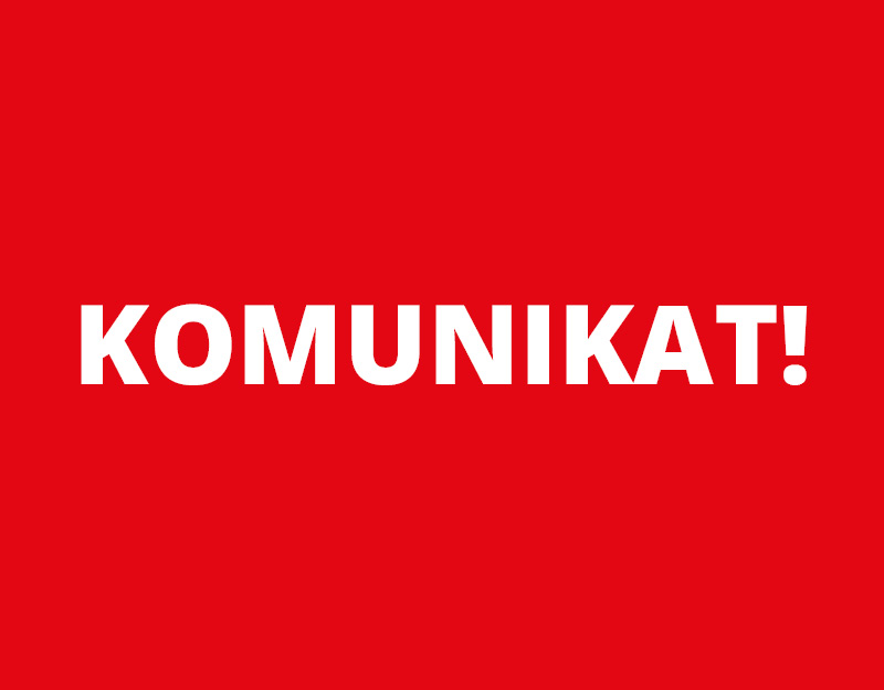czerwone tło z białym tekstem wielkimi literami "KOMUNIKAT!"