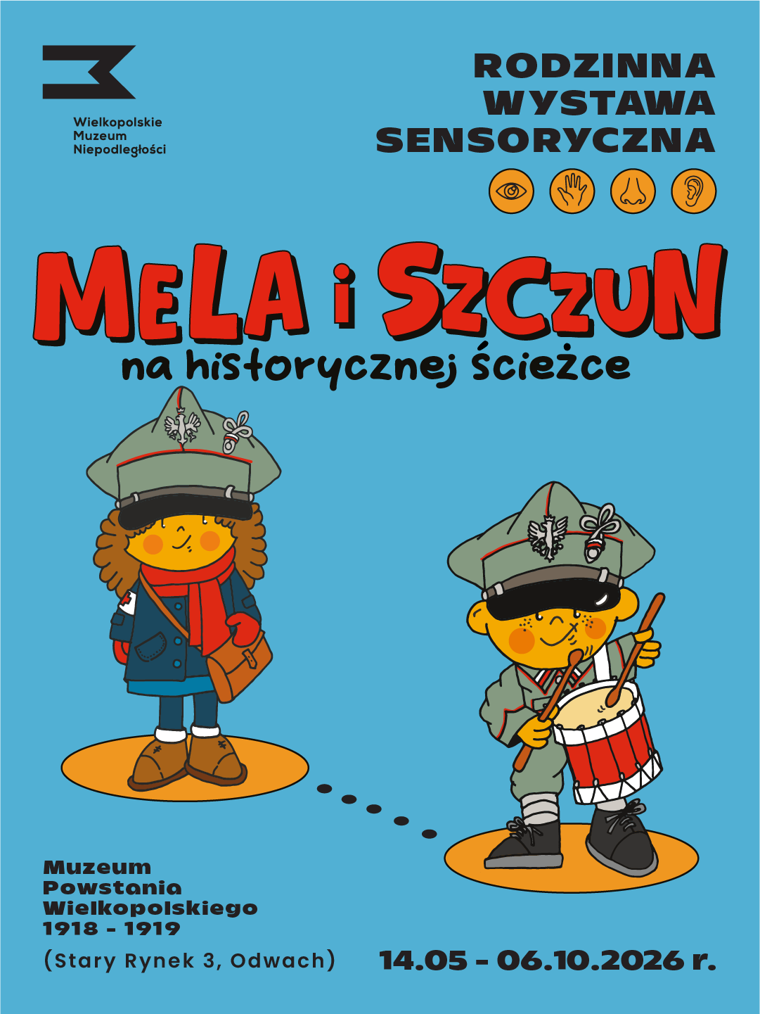 Plakat wystawy sensoryczne "Mela i szczun na historycznej ścieżce"